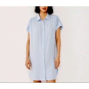 Button Up Shirt Shift Dress Chambray Linen Viscose With Pockets Light Blue Sz L